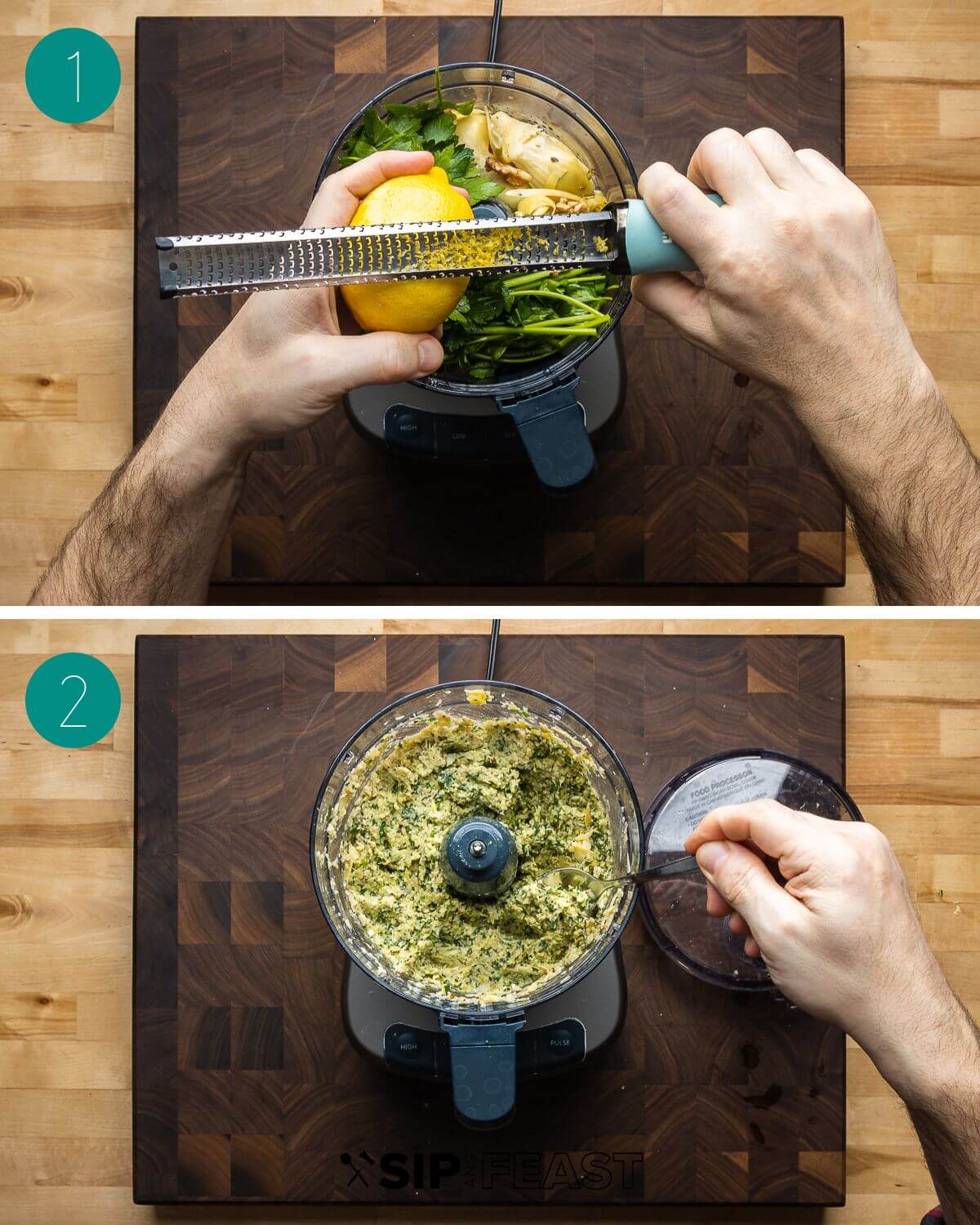 Artichoke pesto recipe process shot collage group number one.