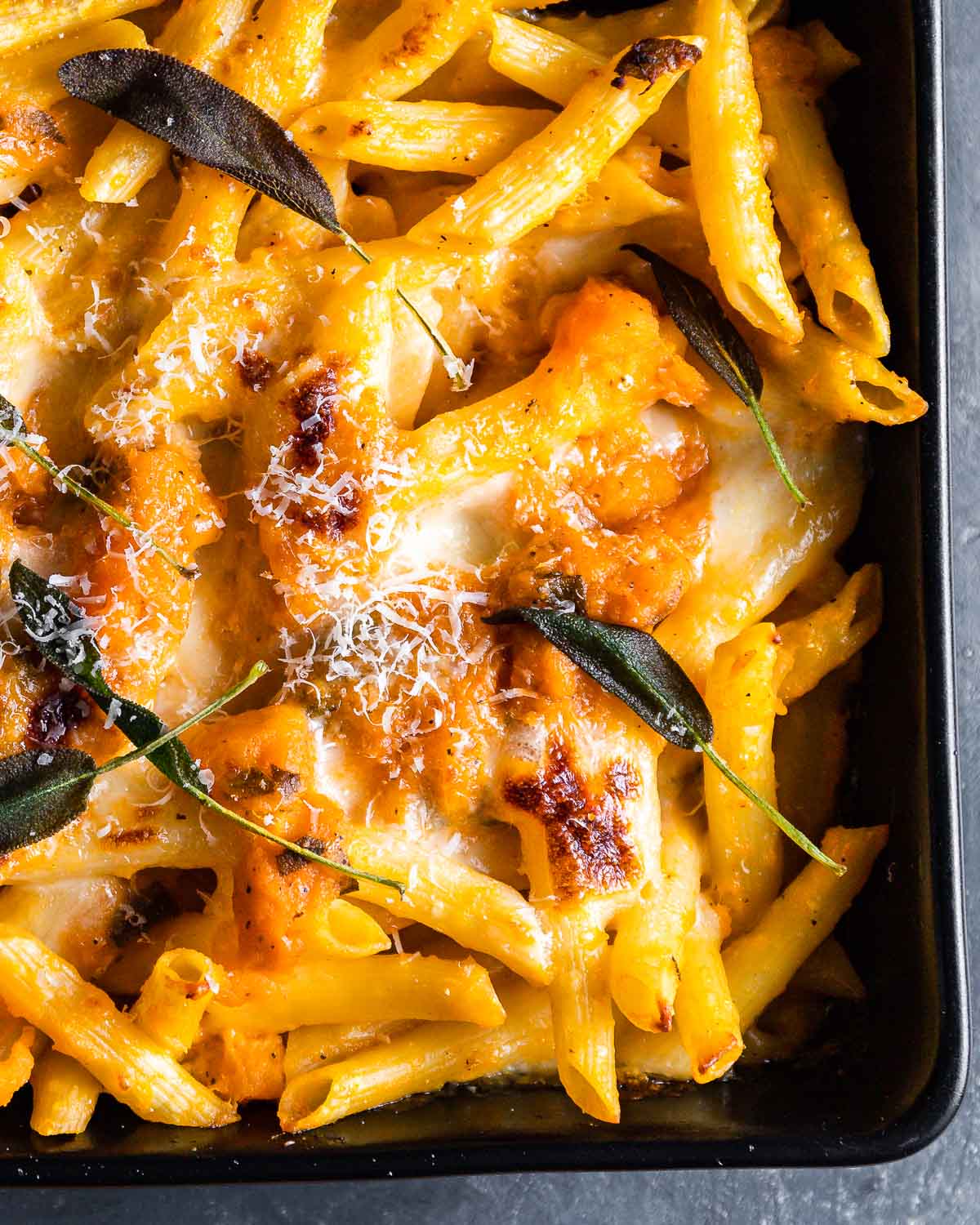 Close up shot of baked pasta with crispy sage leaves.