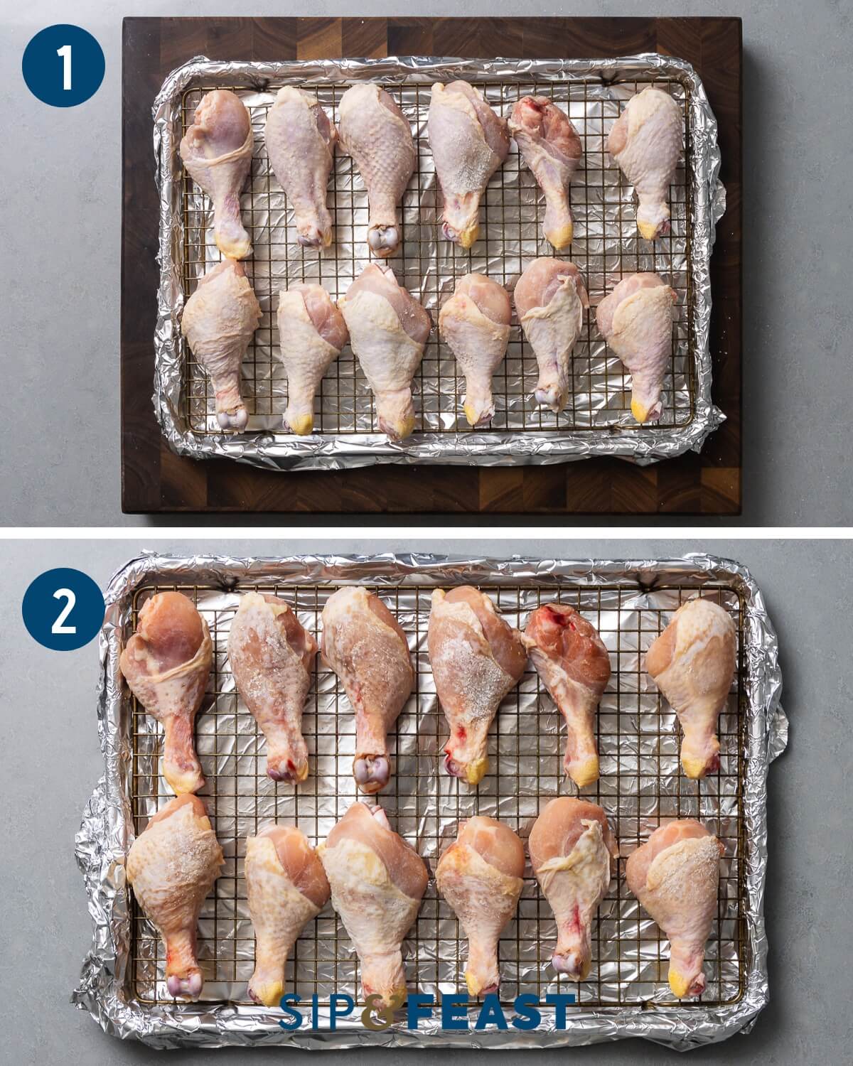 Baked Cajun chicken legs recipe collage group one showing chicken legs on wire rack lined with foil.