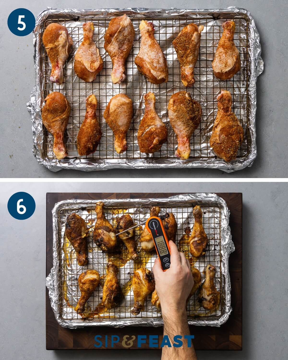 Recipe collage three showing chicken legs on wire rack and cooked baked legs with instant read thermometer checking the internal temperature.