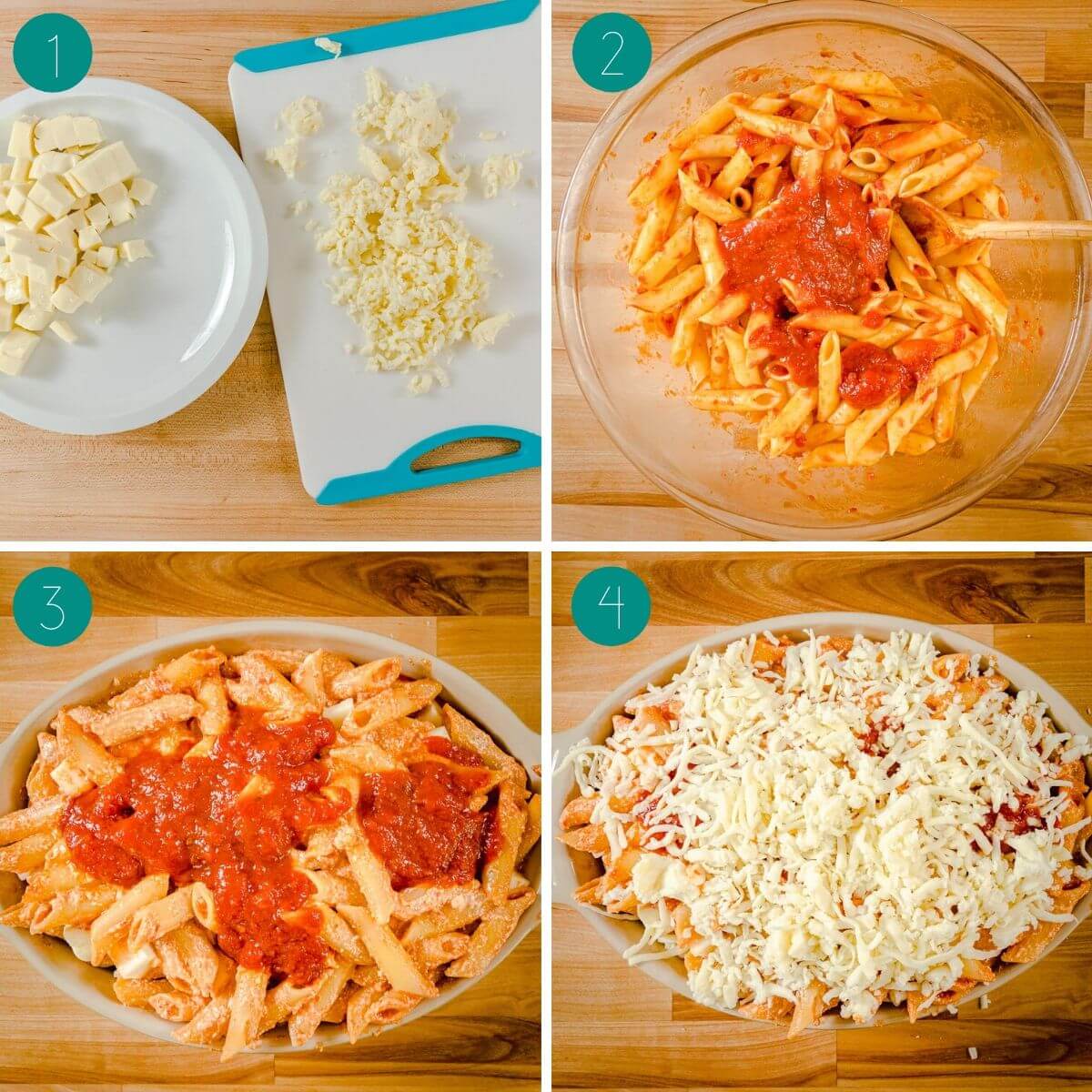 Baked ziti recipe process shot collage.