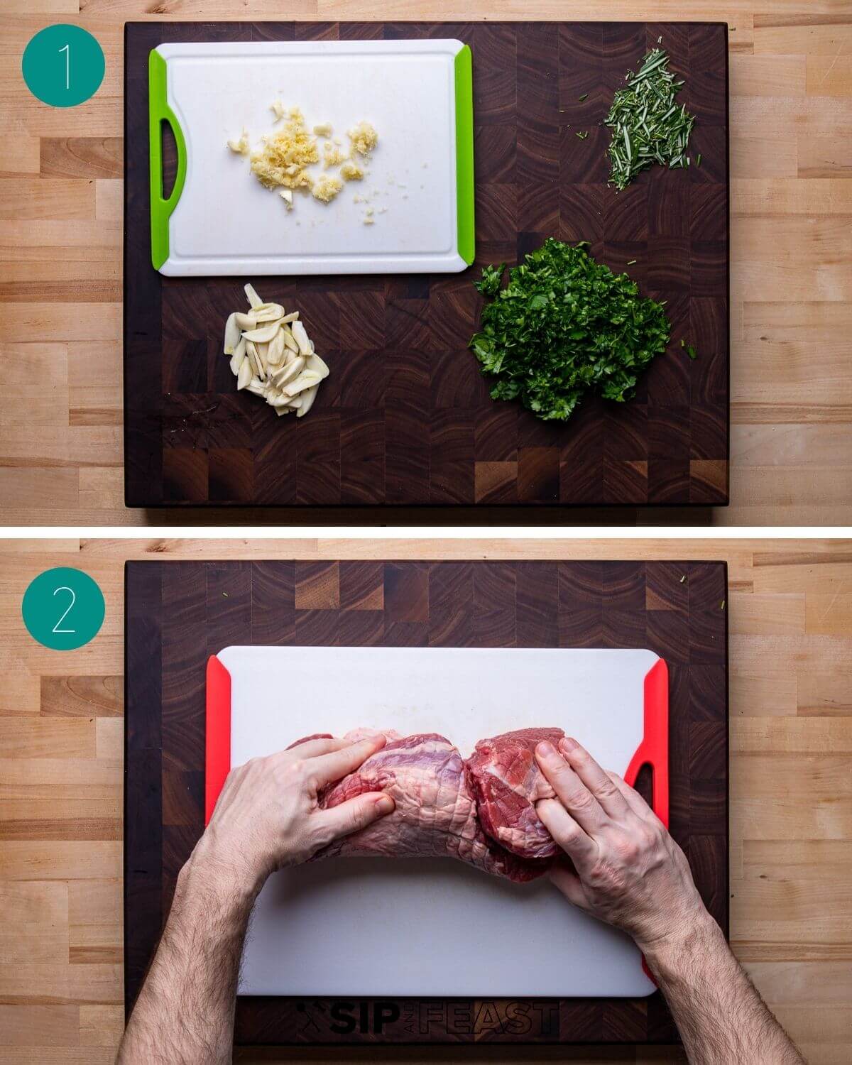 Boneless leg of lamb recipe process shot collage group number one.