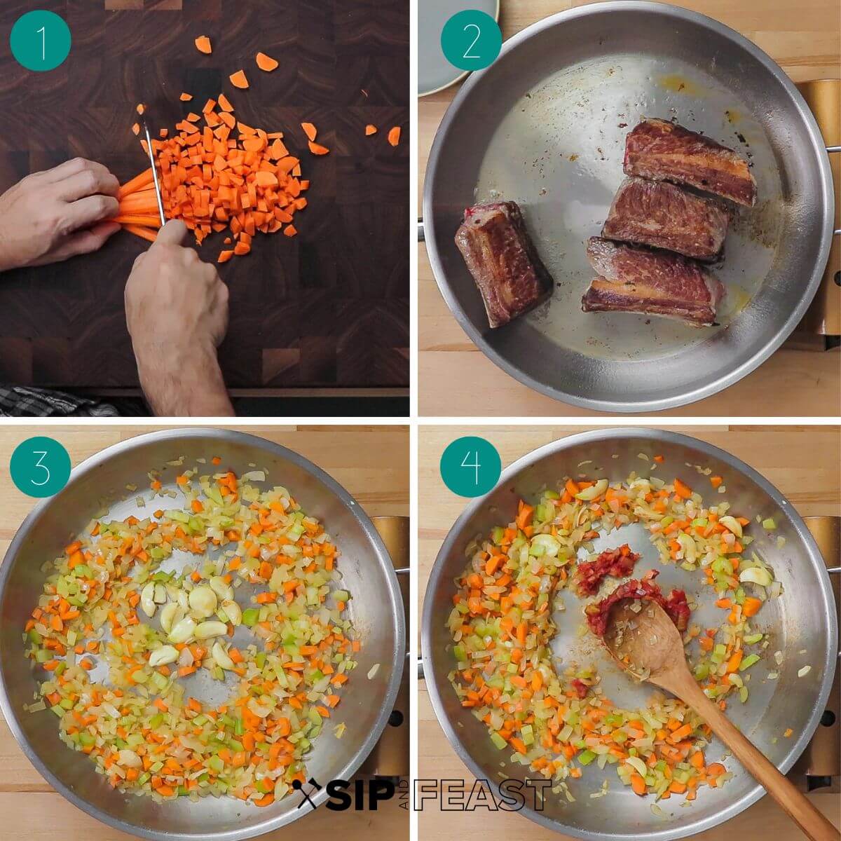 Braised short ribs recipe process shot collage group number one showing chopped carrots, ribs searing in fry pan, vegetables and tomato paste in fry pan.