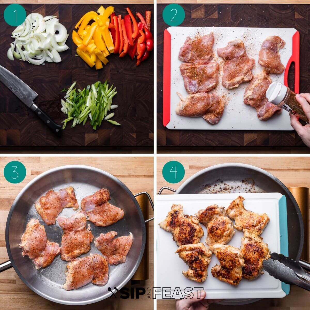 Creamy Cajun chicken pasta recipe process shot collage group number one.