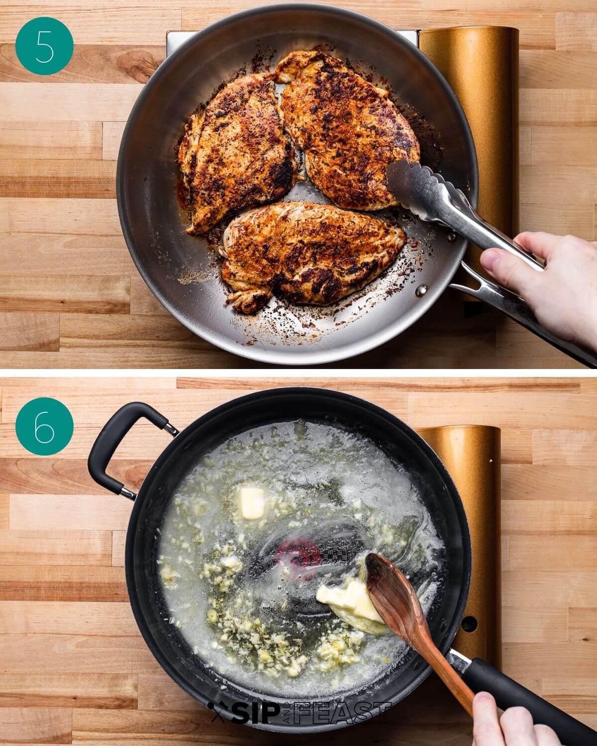 Recipe process shot collage group number three showing cooked cutlets in pan and new pan with butter and garlic.