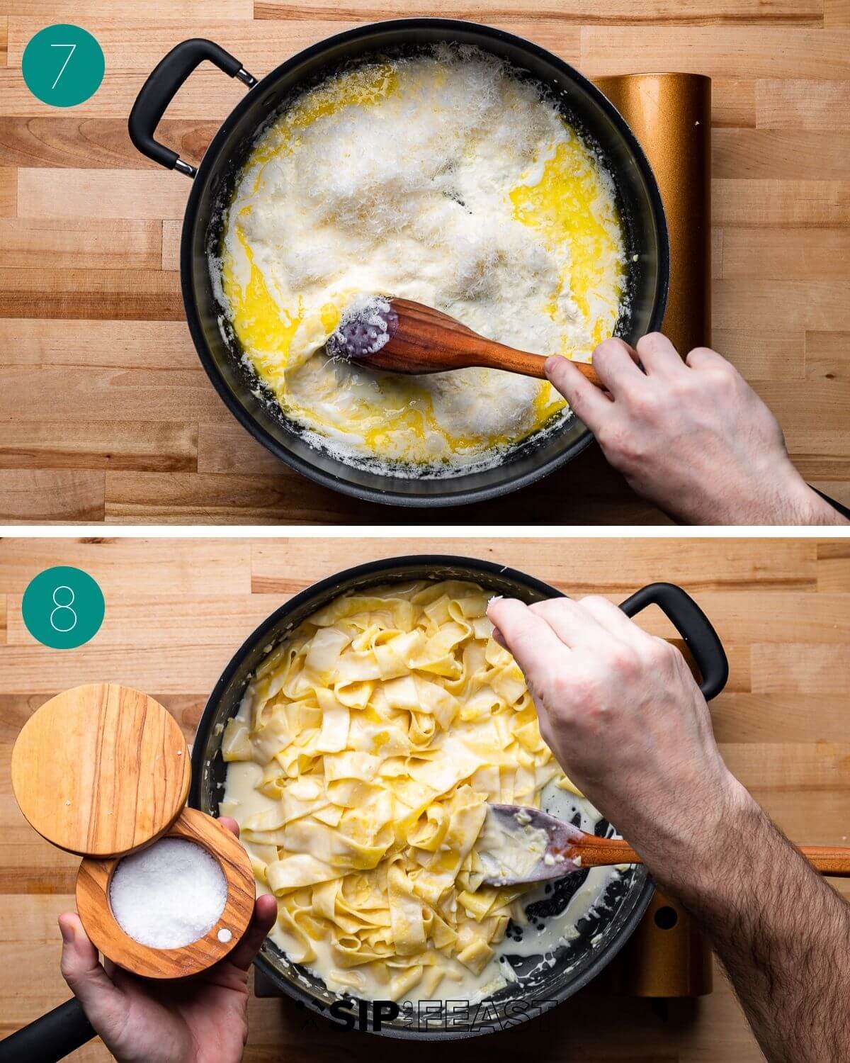 Recipe process shot collage group number four showing sauce in pan with cheese and pasta added to sauce.