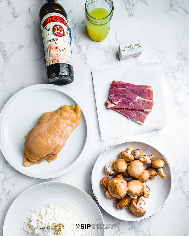 Ingredients shown: Marsala wine, chicken stock, butter, chicken cutlets, smoked prosciutto, mushrooms, and flour.