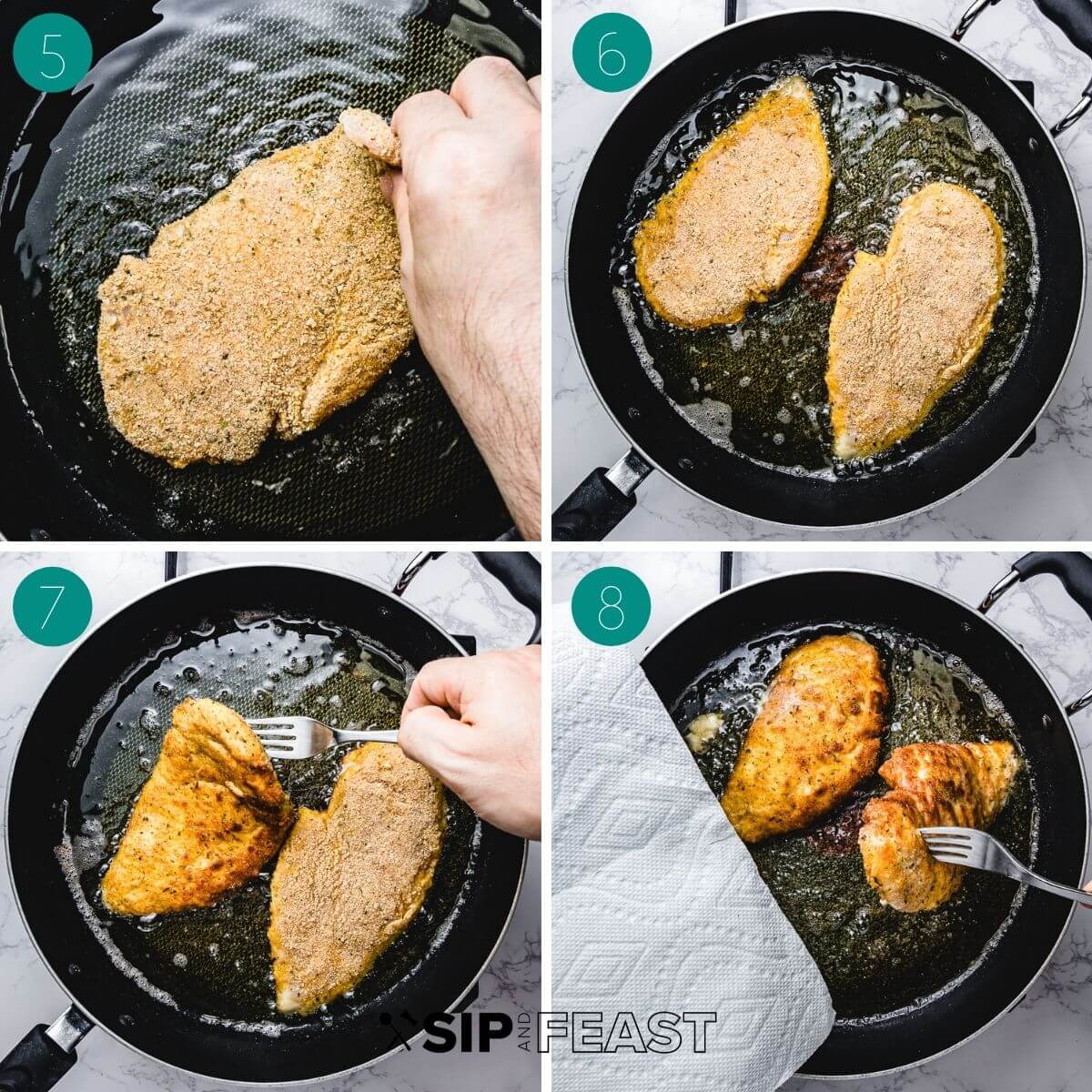 Chicken cutlet process (for chicken parmigiana) collage group number two showing cutlets frying in shallow oil in pan, flipping cutlets, and removing.