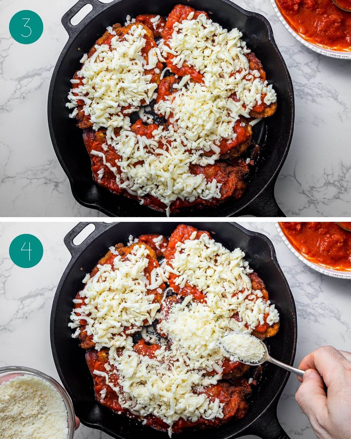 Chicken parmigiana recipe process shot collage group number two showing mozzarella on top of cutlets in pan and grated parmigiano.