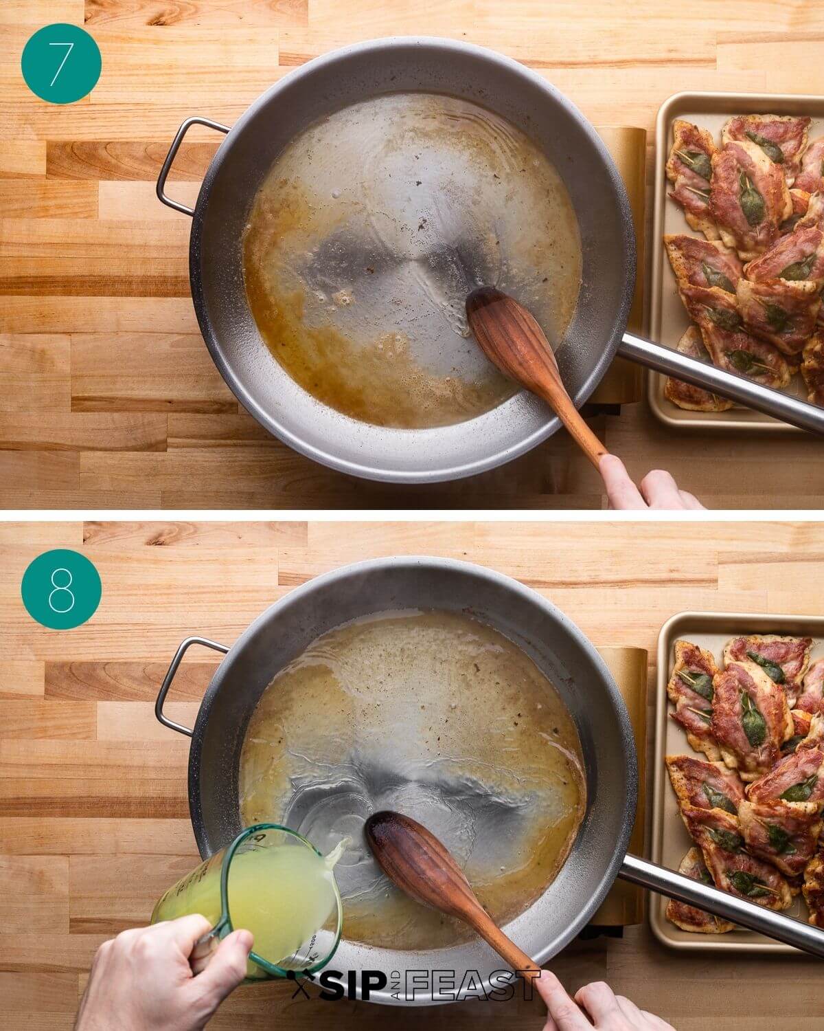 Recipe process shot collage group number four with wine and chicken stock added to the pan.