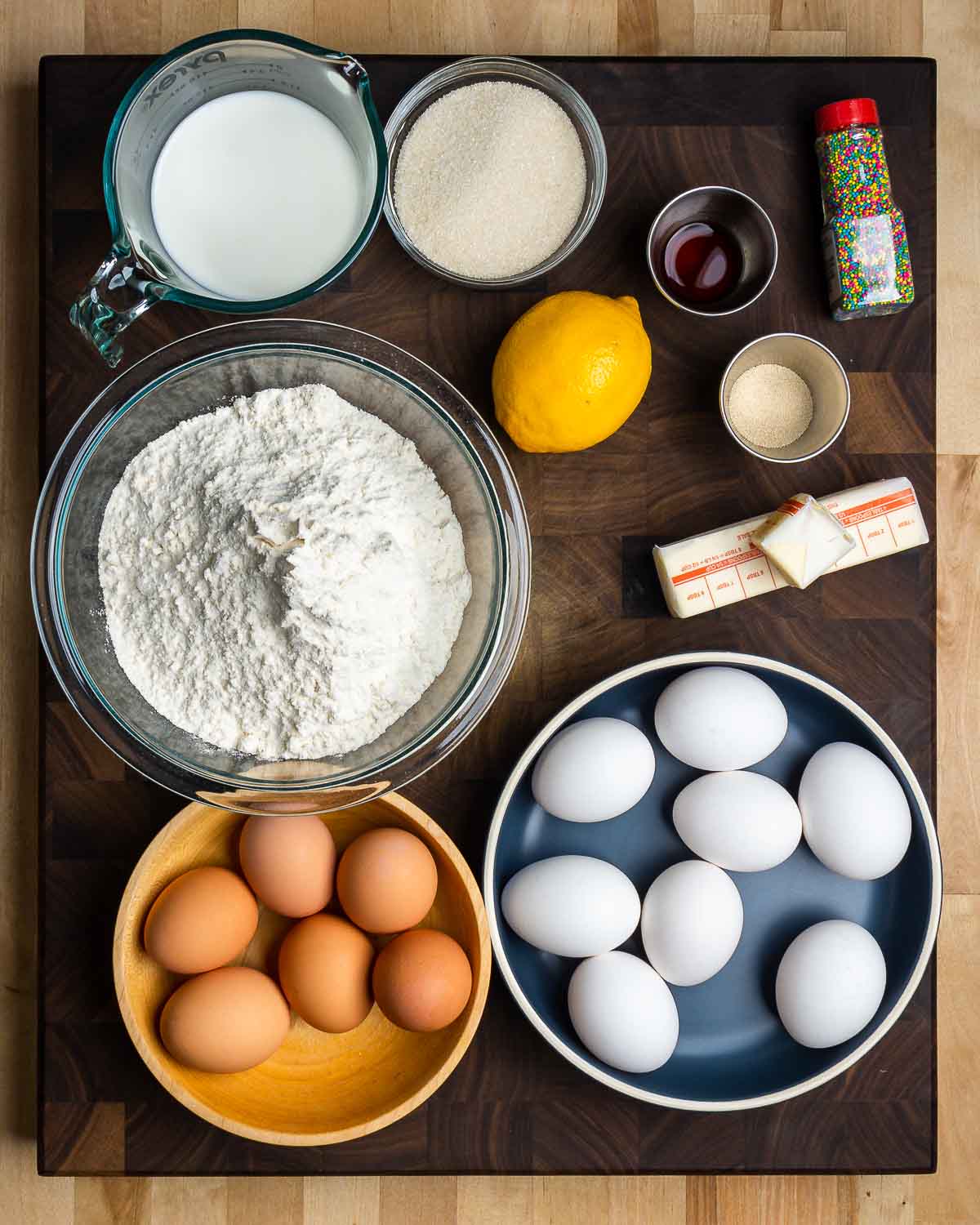 Ingredients shown: milk, sugar, vanilla, lemon, Diastatic malt powder, sprinkles, flour, butter, and eggs.