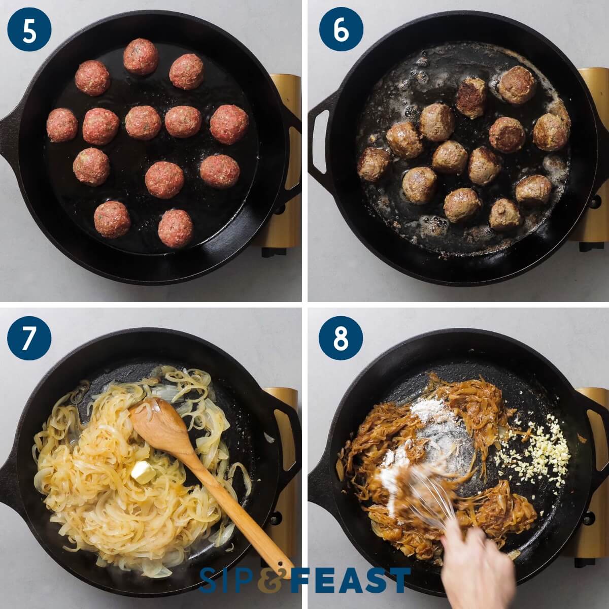 Recipe collage group two showing frying of meatballs, caramelizing onions, and adding garlic and flour to the pan.