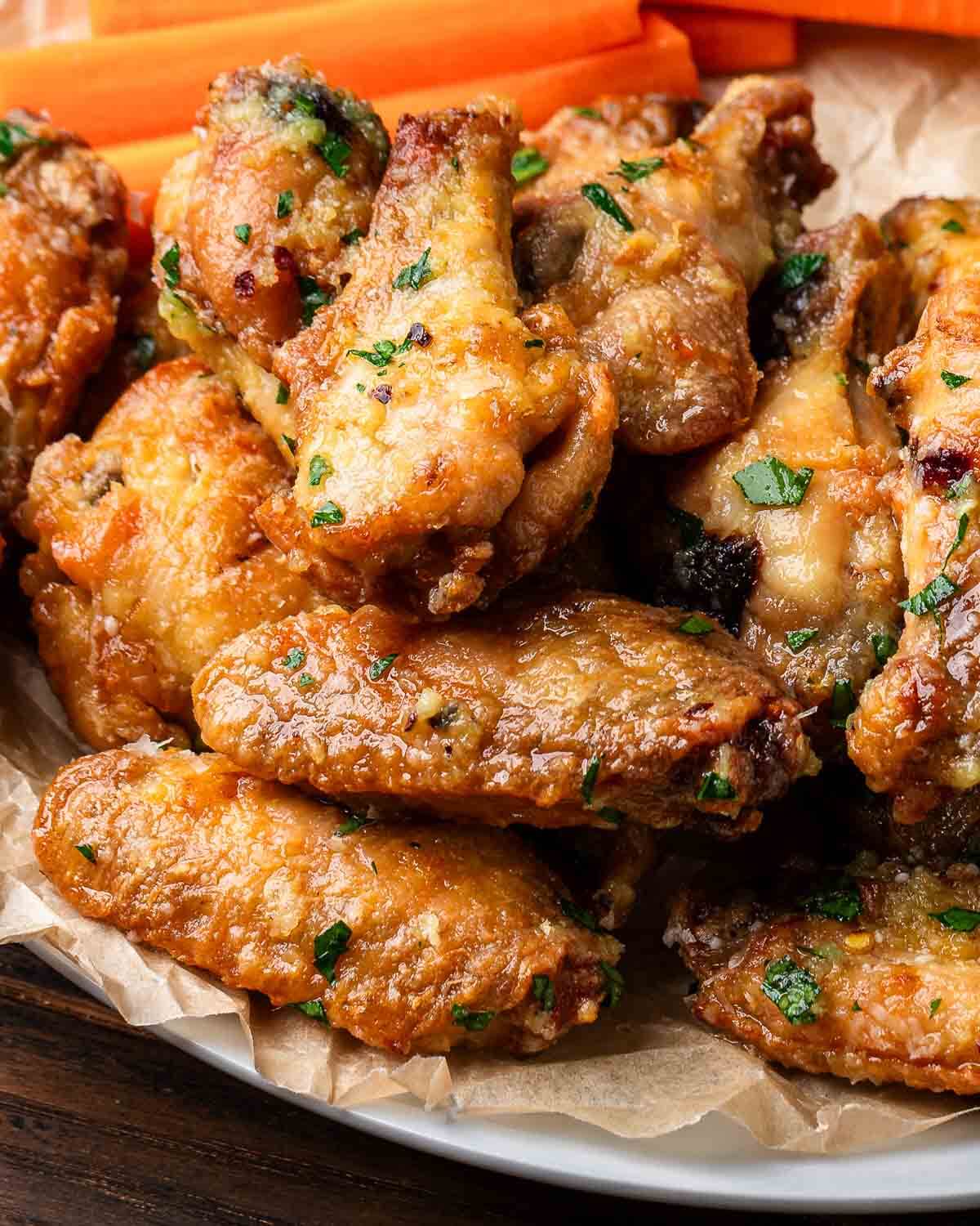 Plate of garlic parmesan chicken wings.