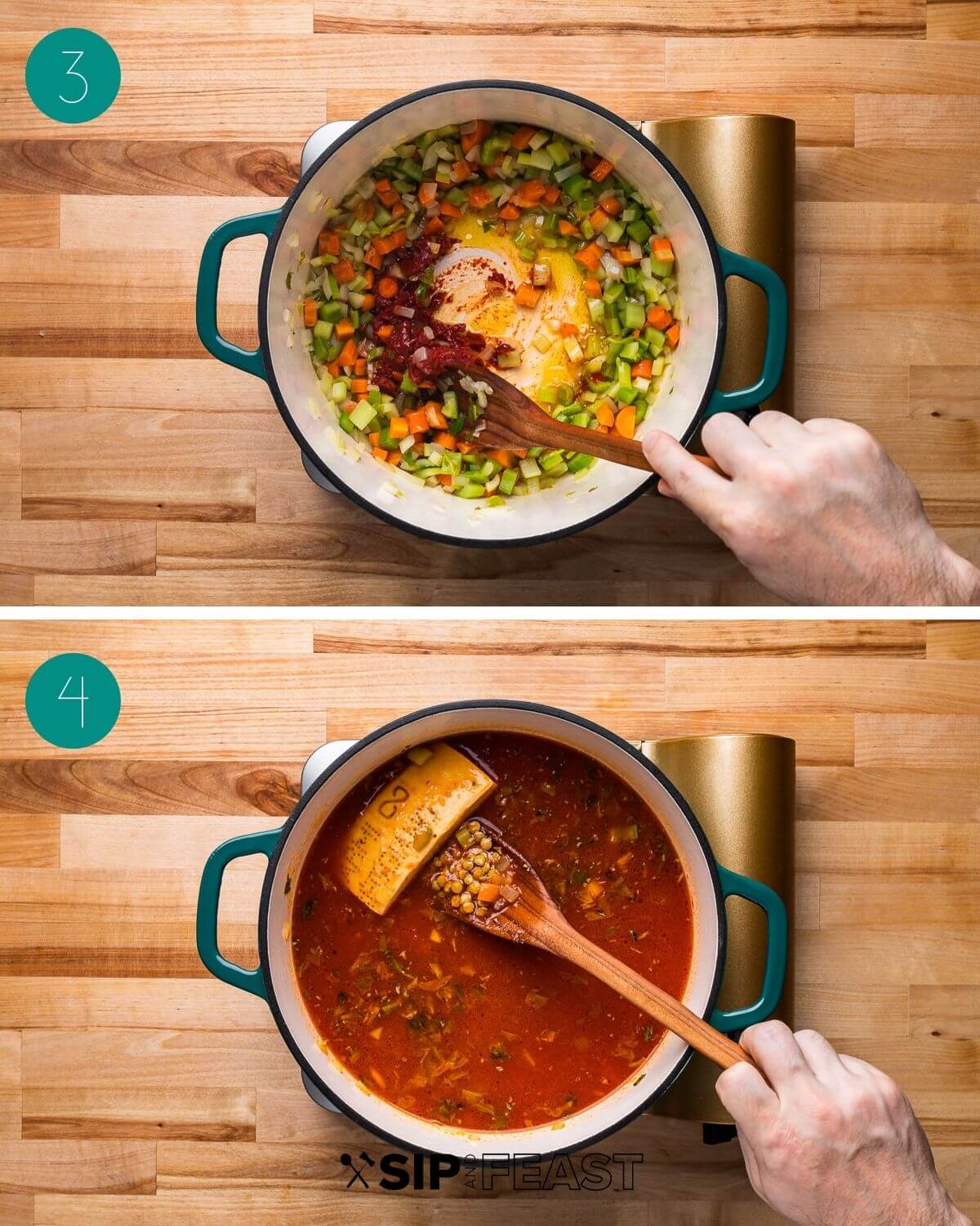 Recipe process shot collage group number two showing tomato paste being added to the pot and parmesan rind being added to pot.