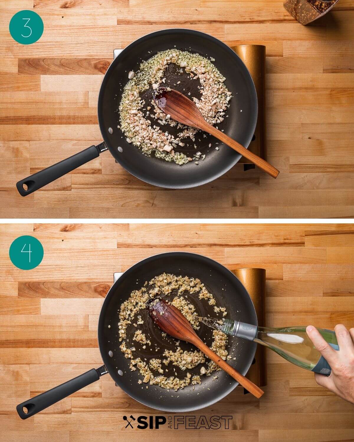 Recipe process shot collage group number two showing stems cooking in pan and white wine being added to pan.