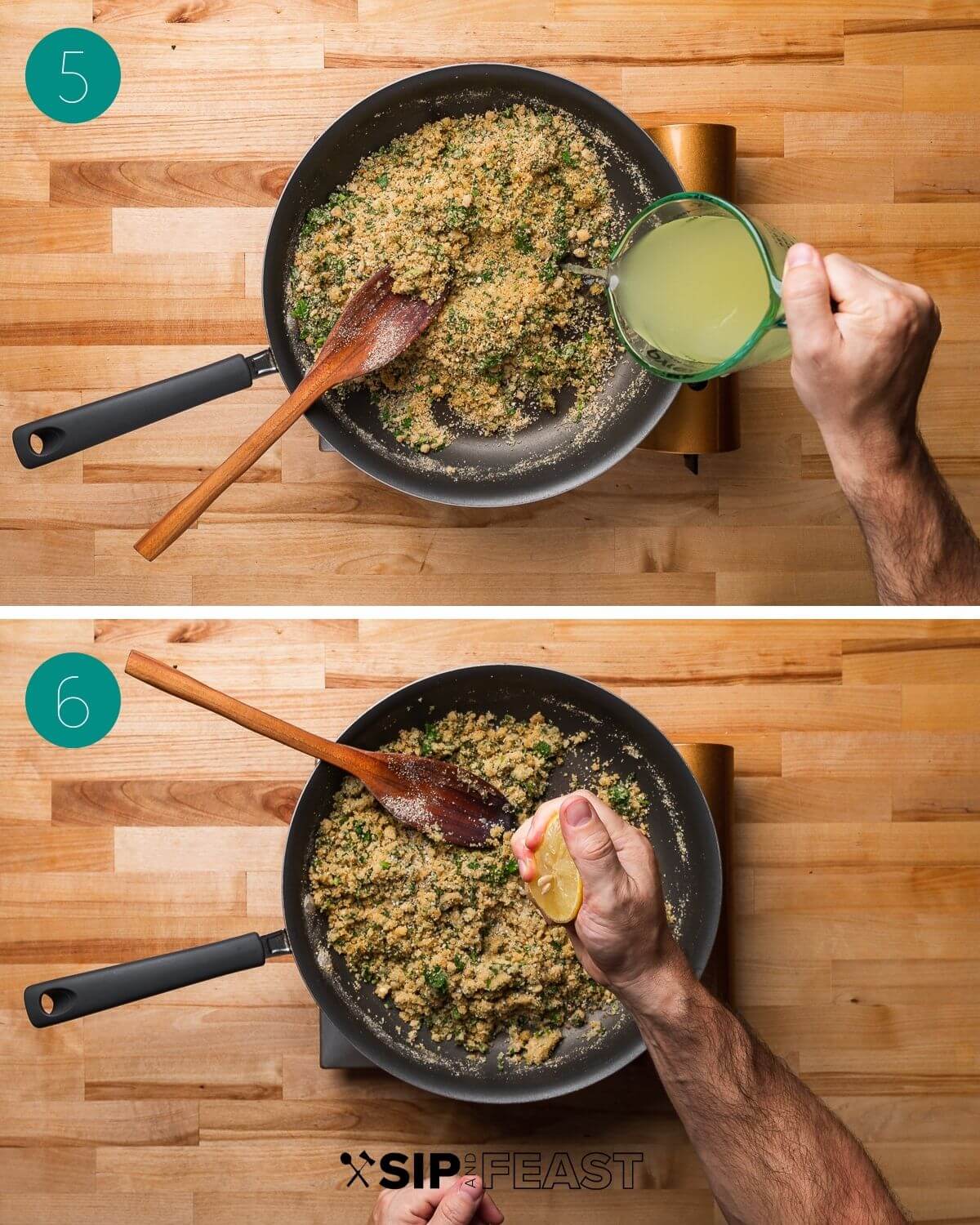 Recipe process shot collage group number three showing breadcrumbs added to pan with chicken stock and lemon squeezing into pan.