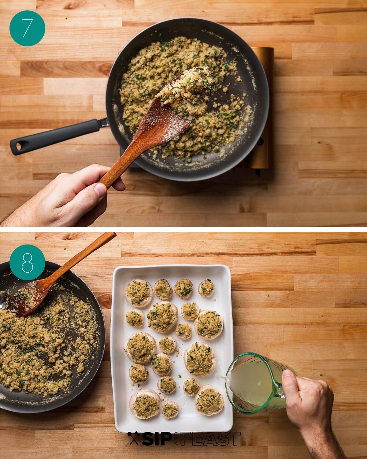 Recipe process shot collage group number four showing finished stuffing in pan and mushroom caps filled with stuffing in baking dish with chicken stock being poured.