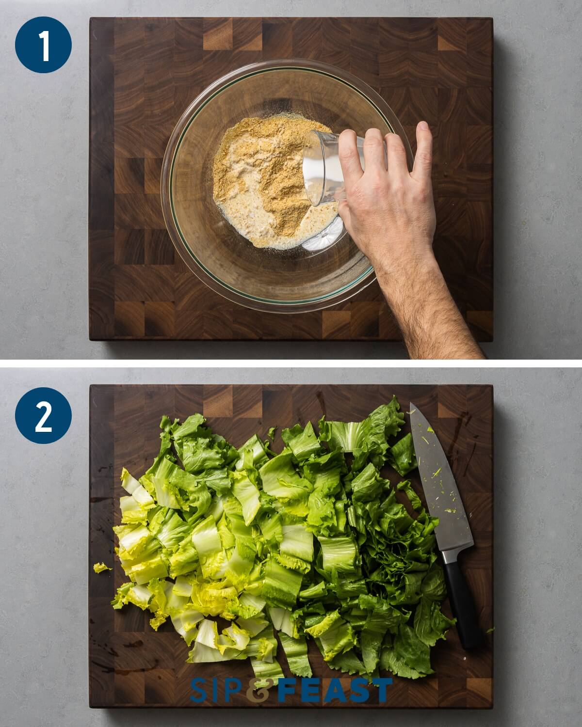 Italian wedding soup recipe collage group one showing pouring milk onto bowl of breadcrumbs and cutting escarole into ribbons.