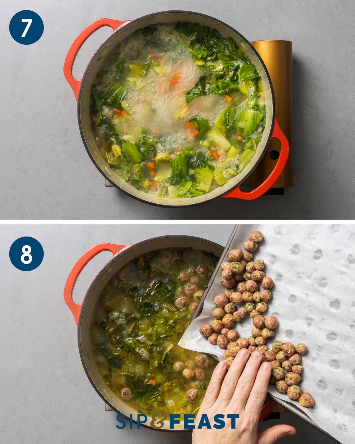 Recipe collage four showing boiling of soup and adding meatballs into pot.