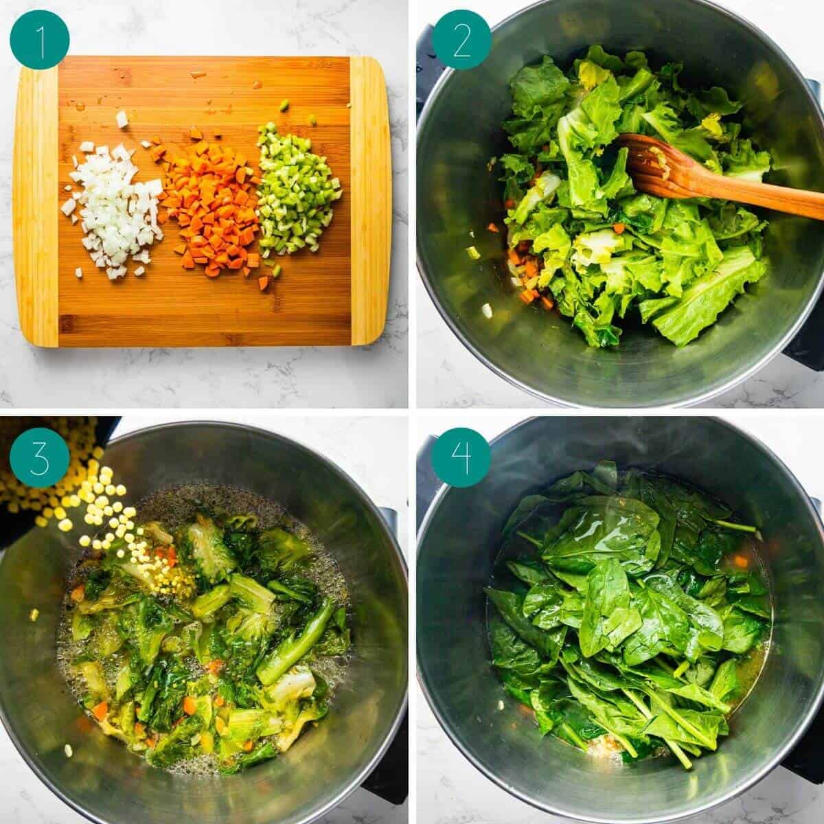 Italian wedding soup recipe process shot collage showing diced vegetables, escarole in pot with acini di pepe and adding spinach.