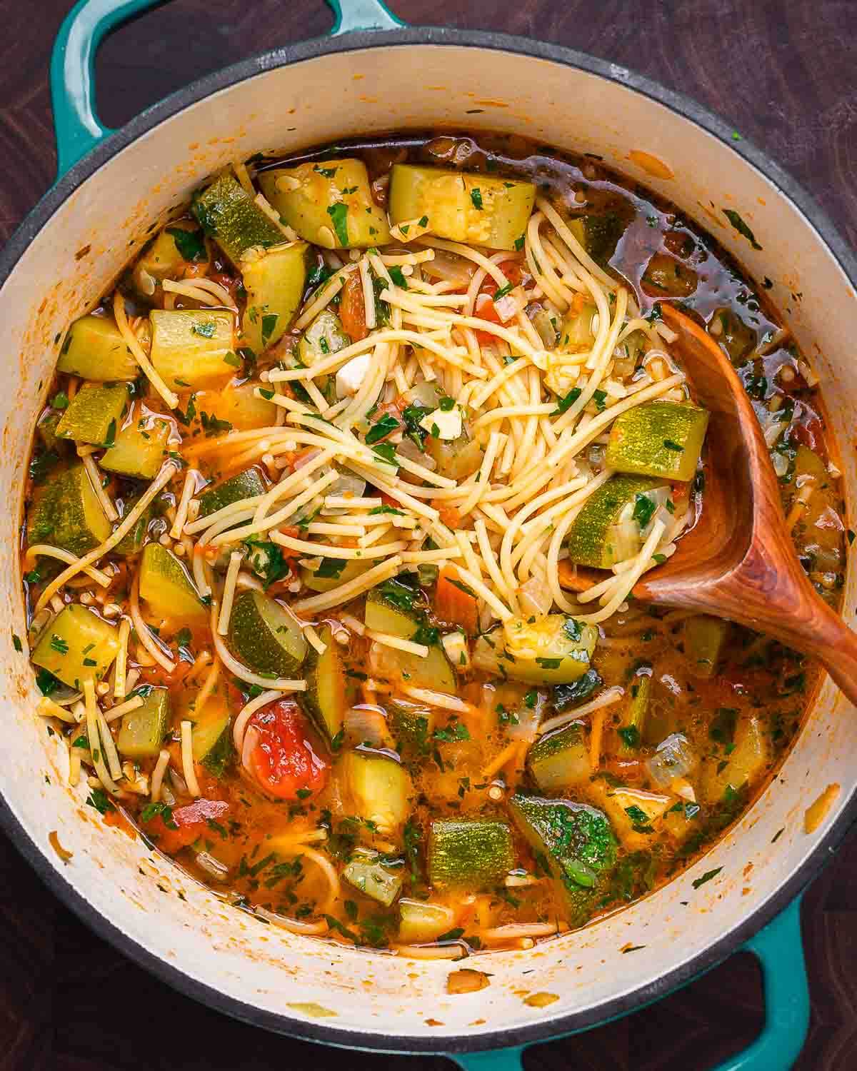 Italian zucchini soup in in Dutch oven.