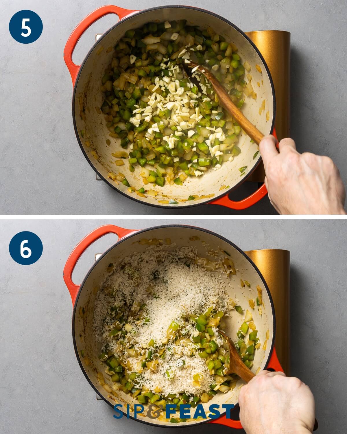 Recipe collage three showing adding garlic to the pot and white rice.