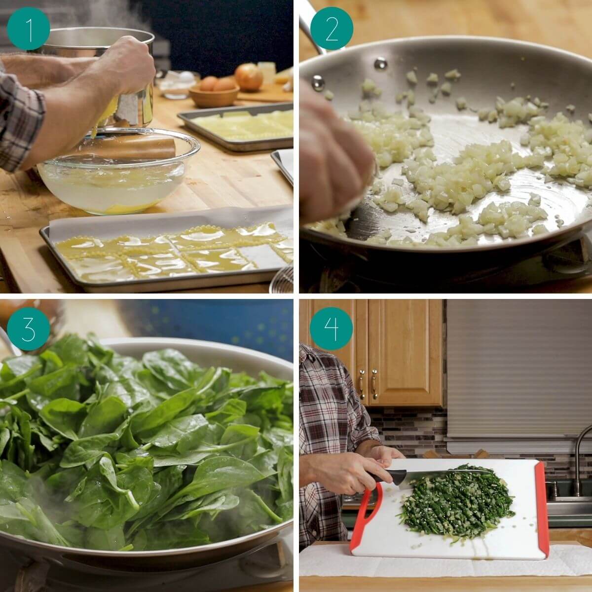 Spinach Lasagna rolls with white sauce recipe process shot collage group number one.