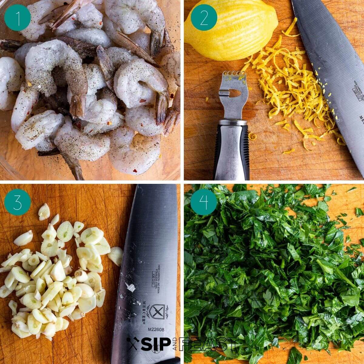 Lemon garlic shrimp pasta recipe process shot collage group number one.