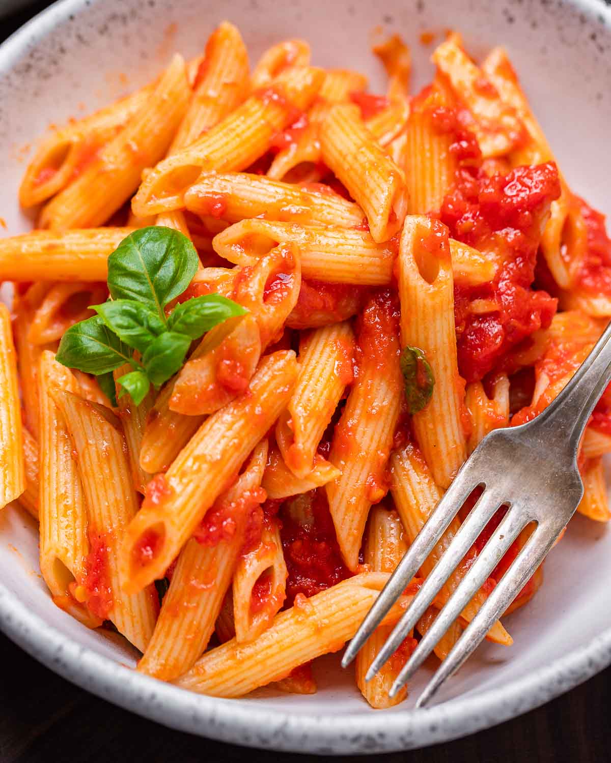 White bowl with marinara sauce pasta.