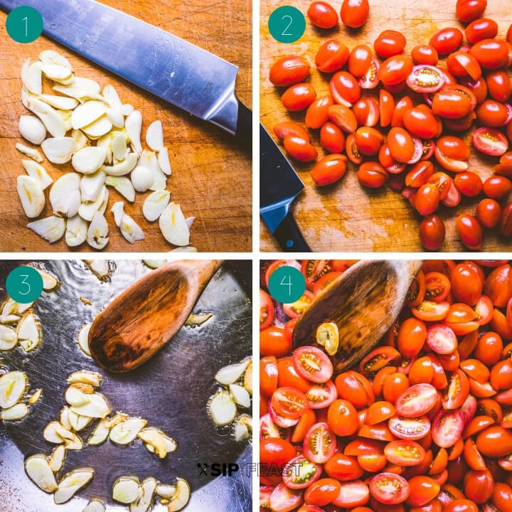 Pasta with cherry tomatoes, basil and garlic process shot collage group number one.