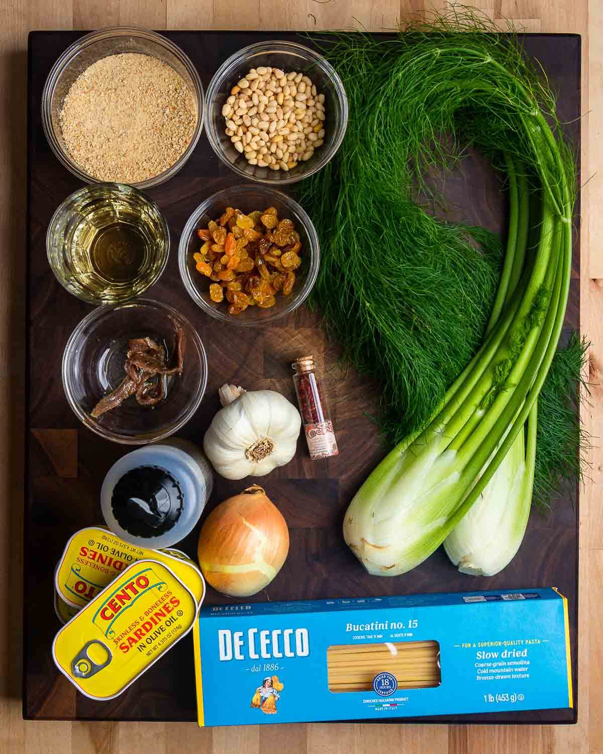 Overhead shot of ingredients for pasta con le sarde recipe.