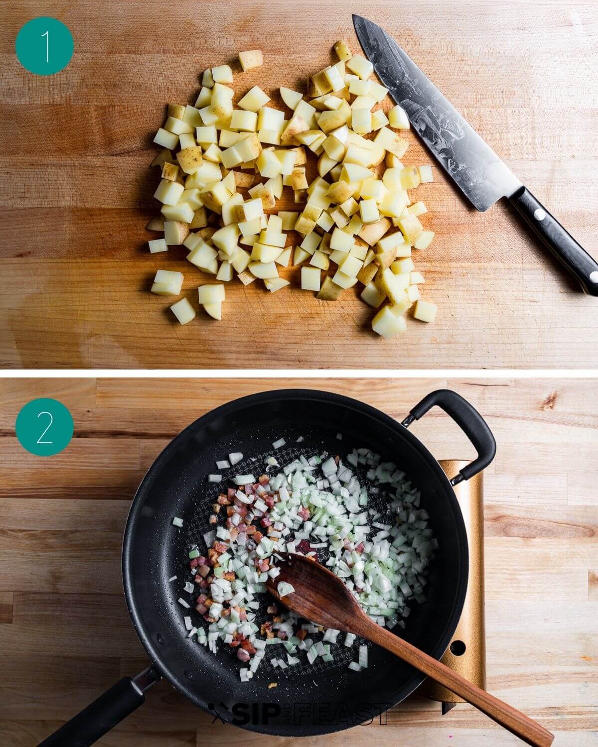 Pasta e patate recipe process shot collage group number one.