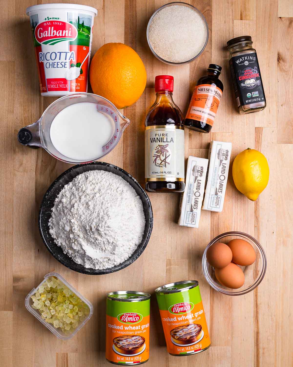 Overhead shot of pastiera Napoletana ingredients.