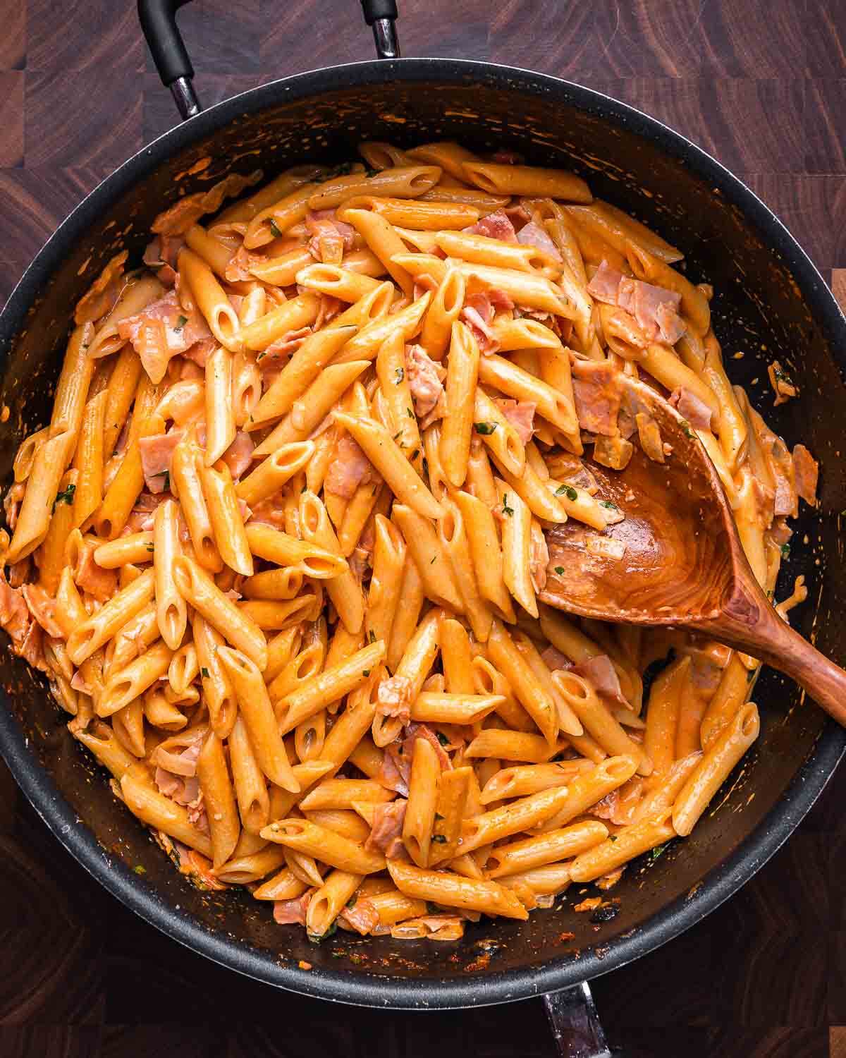 Overhead shot of large pan of penne al baffo.