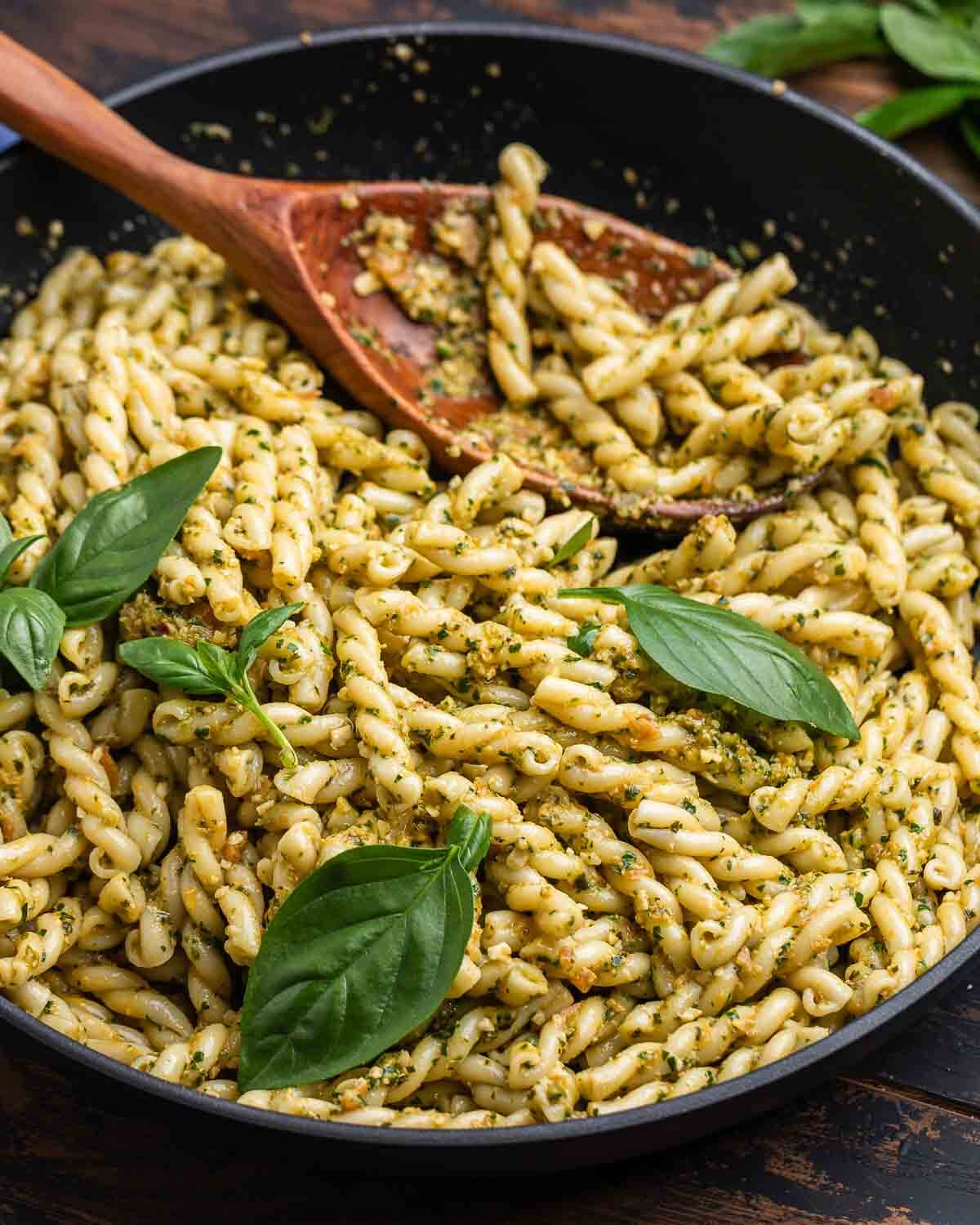 Large pan of pasta with pesto alla Trapanese.