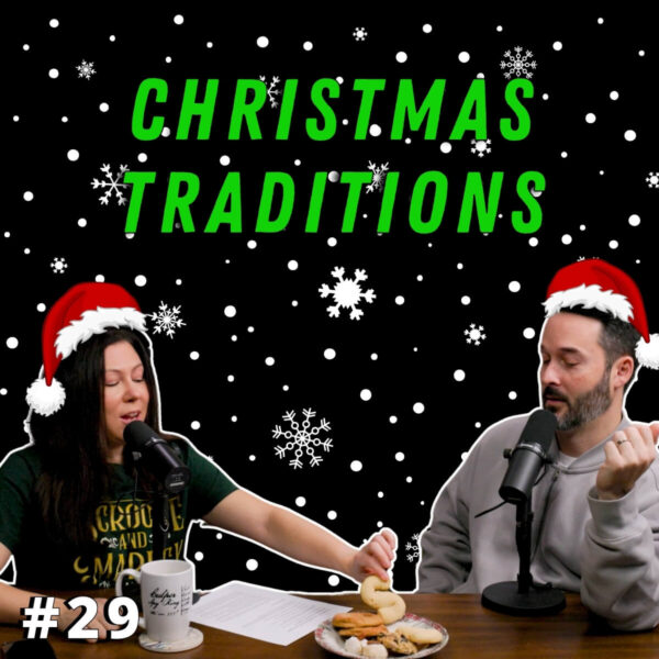 Jim and Tara with Santa hats and snowflakes in the background along with text "Christmas Traditions".