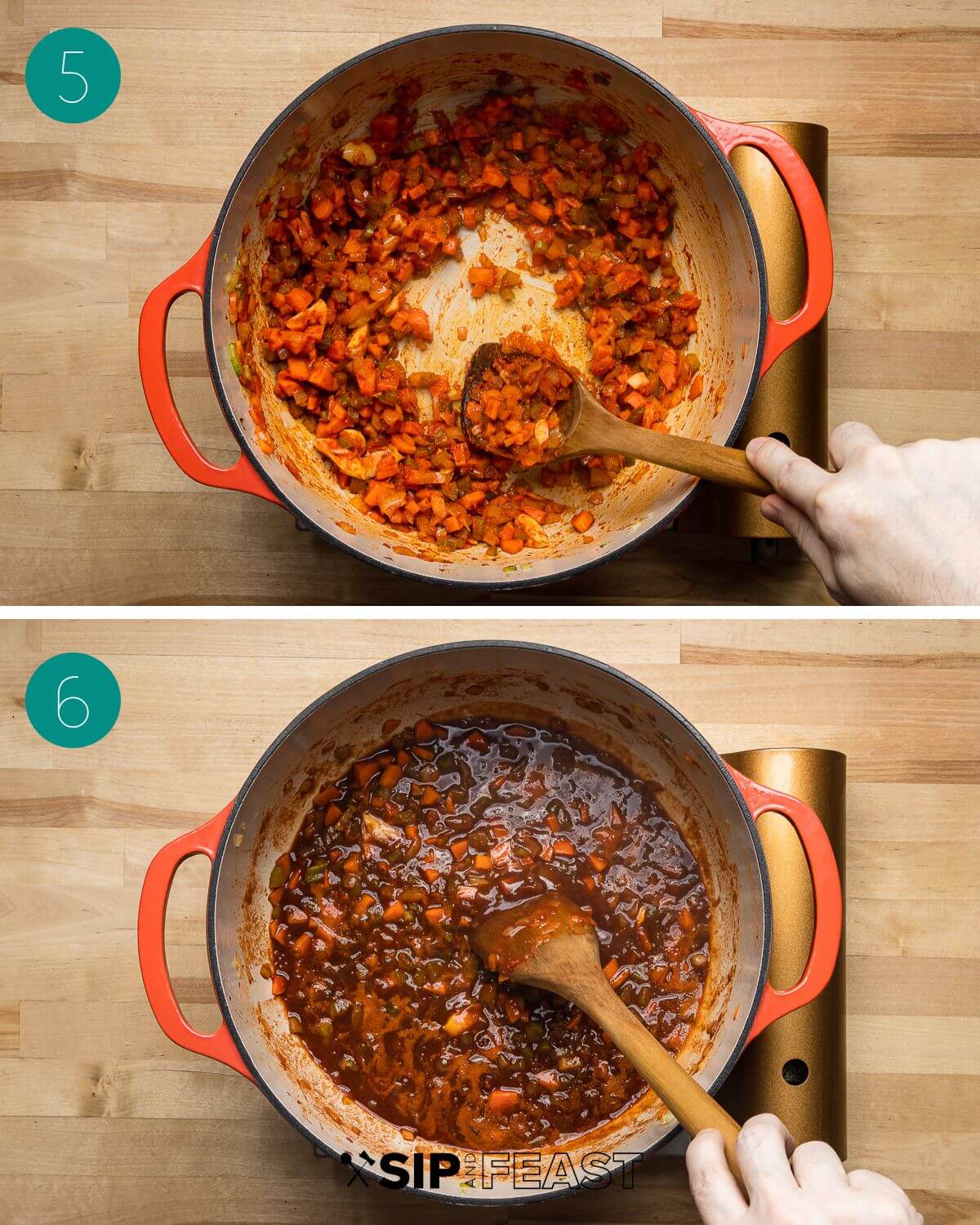 Recipe process shot collage group number three showing veggies in dutch oven with tomato paste and with red wine added.