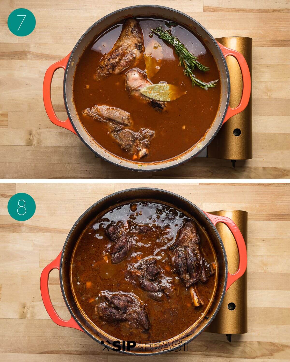 Recipe process shot collage group number four with shanks braising in wine with herbs and shanks in dutch oven after 2 hours.