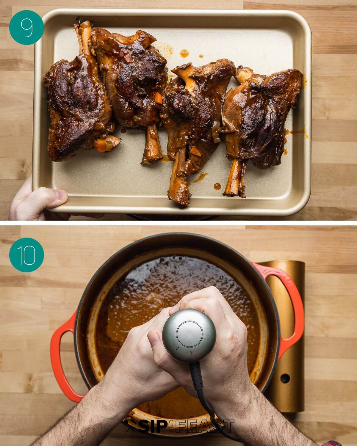 Recipe process shot collage group number five showing finished shanks in pan and blending sauce in dutch oven.