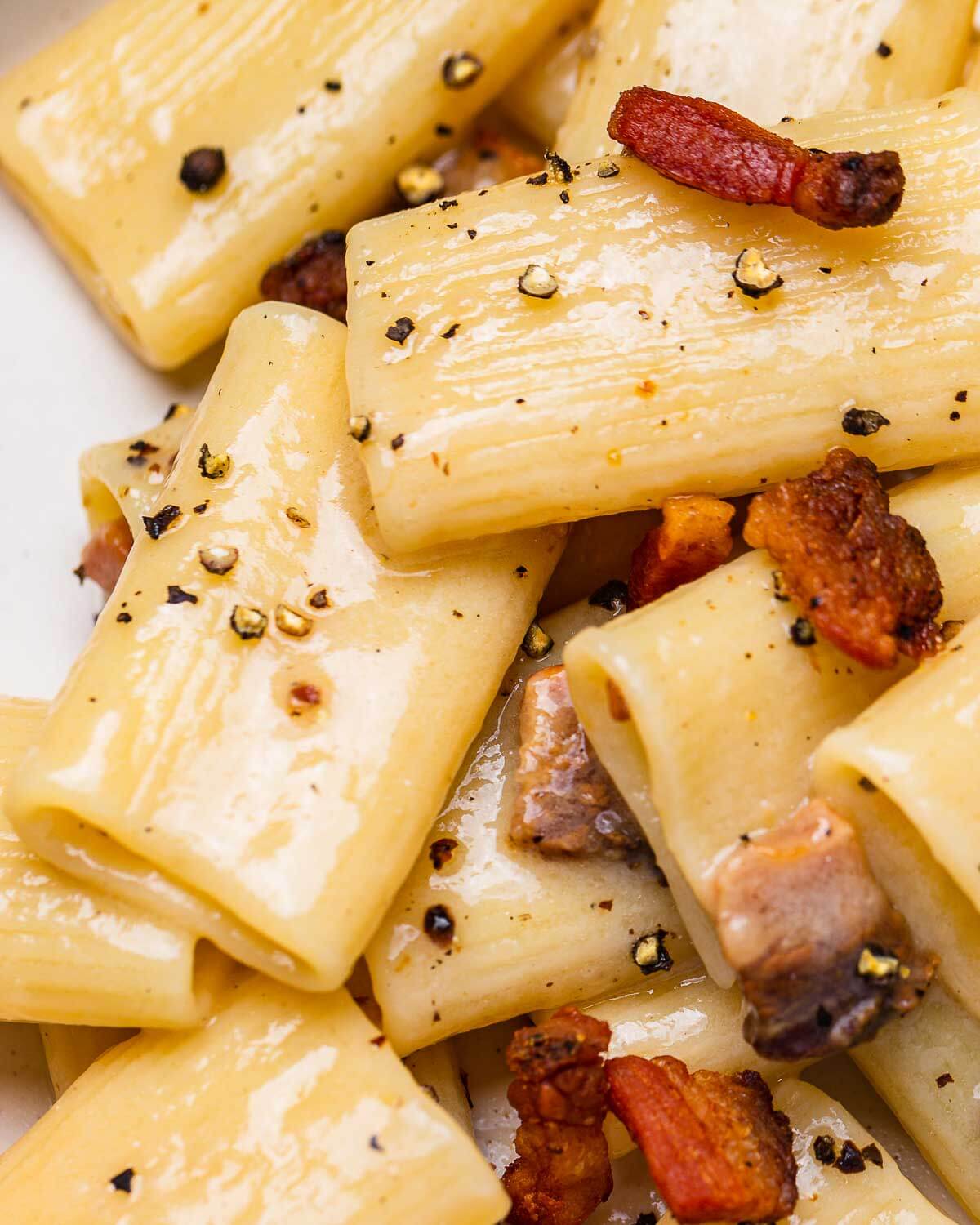 Closeup shot of rigatoni alla gricia in white plate.