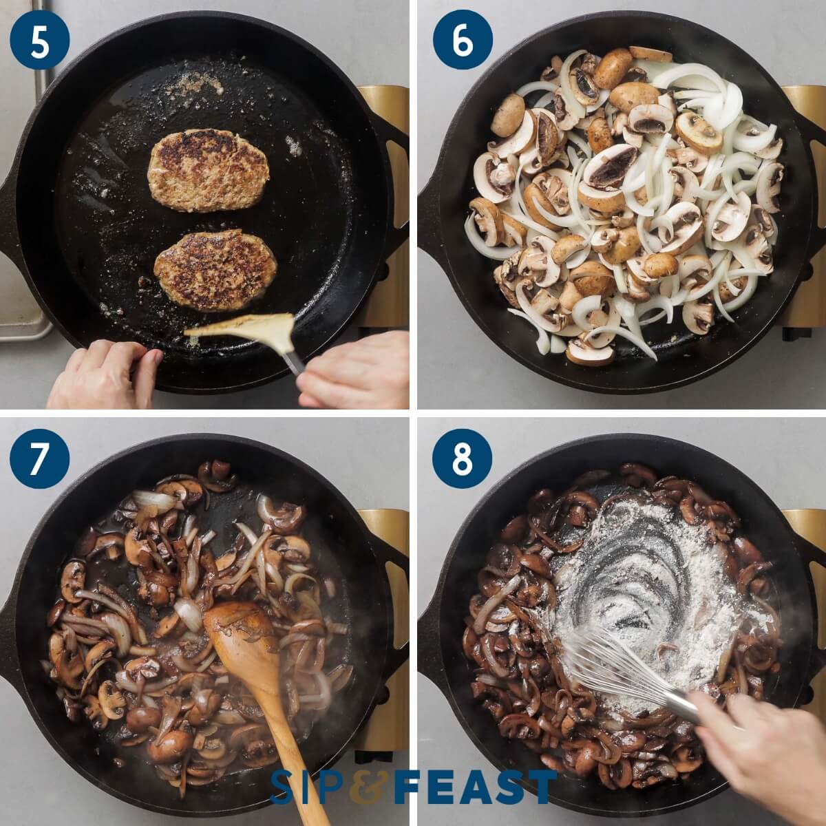 Recipe collage two showing browned patties in cast iron pan, sauteing of mushrooms and onions, and whisking flour into pan.