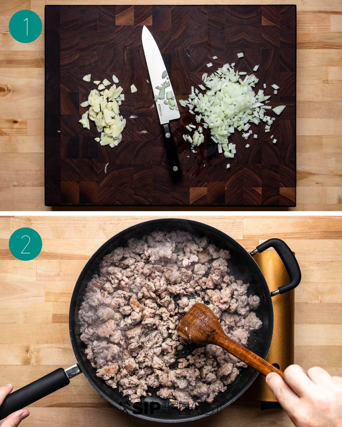 Sausage cherry tomato pasta recipe process shot collage group number one.