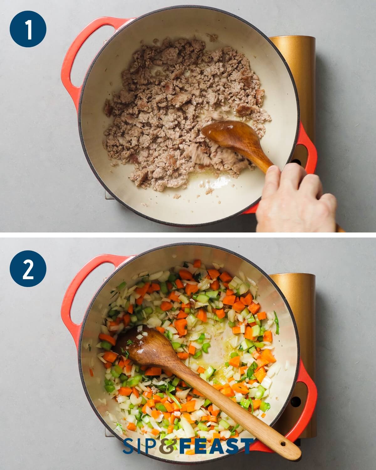 Sausage lentil soup recipe collage number one showing browning of sausage in Dutch oven and sauteing of vegetables.