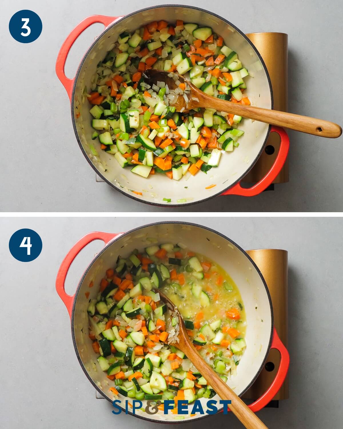 Recipe collage number two showing adding zucchini to the pot and deglazing with white wine.