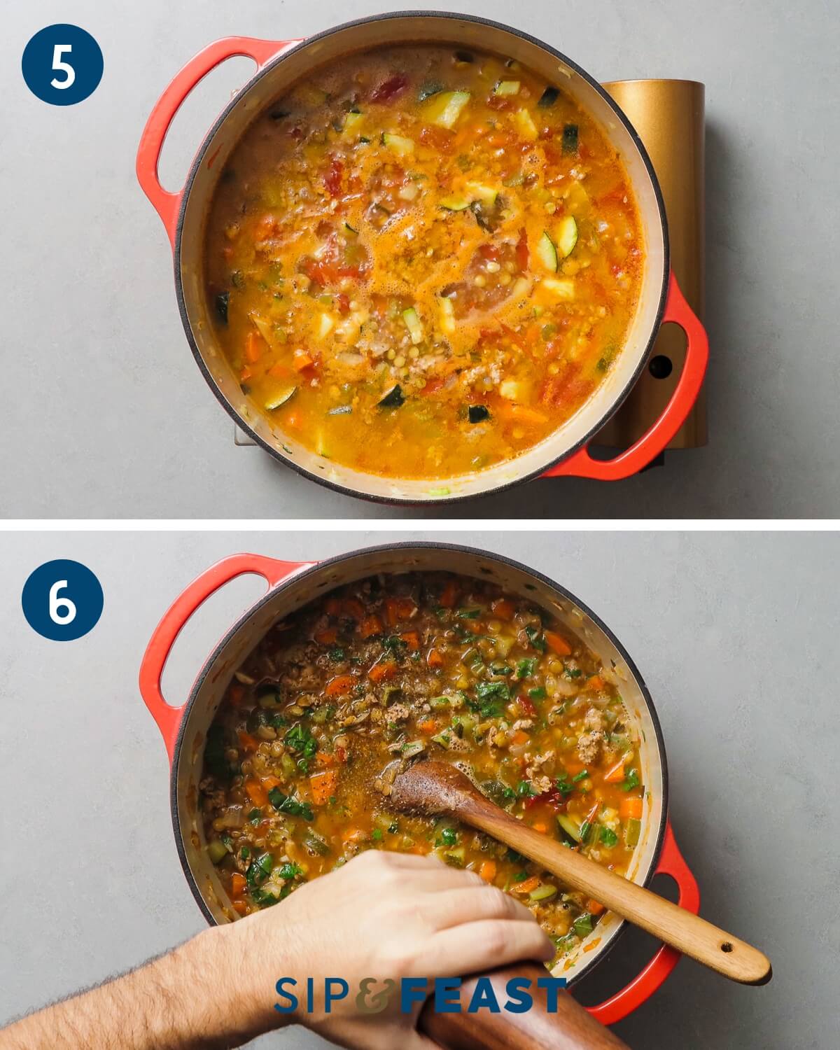 Collage number three showing simmering of soup and finishing of soup with herbs, salt, and pepper.