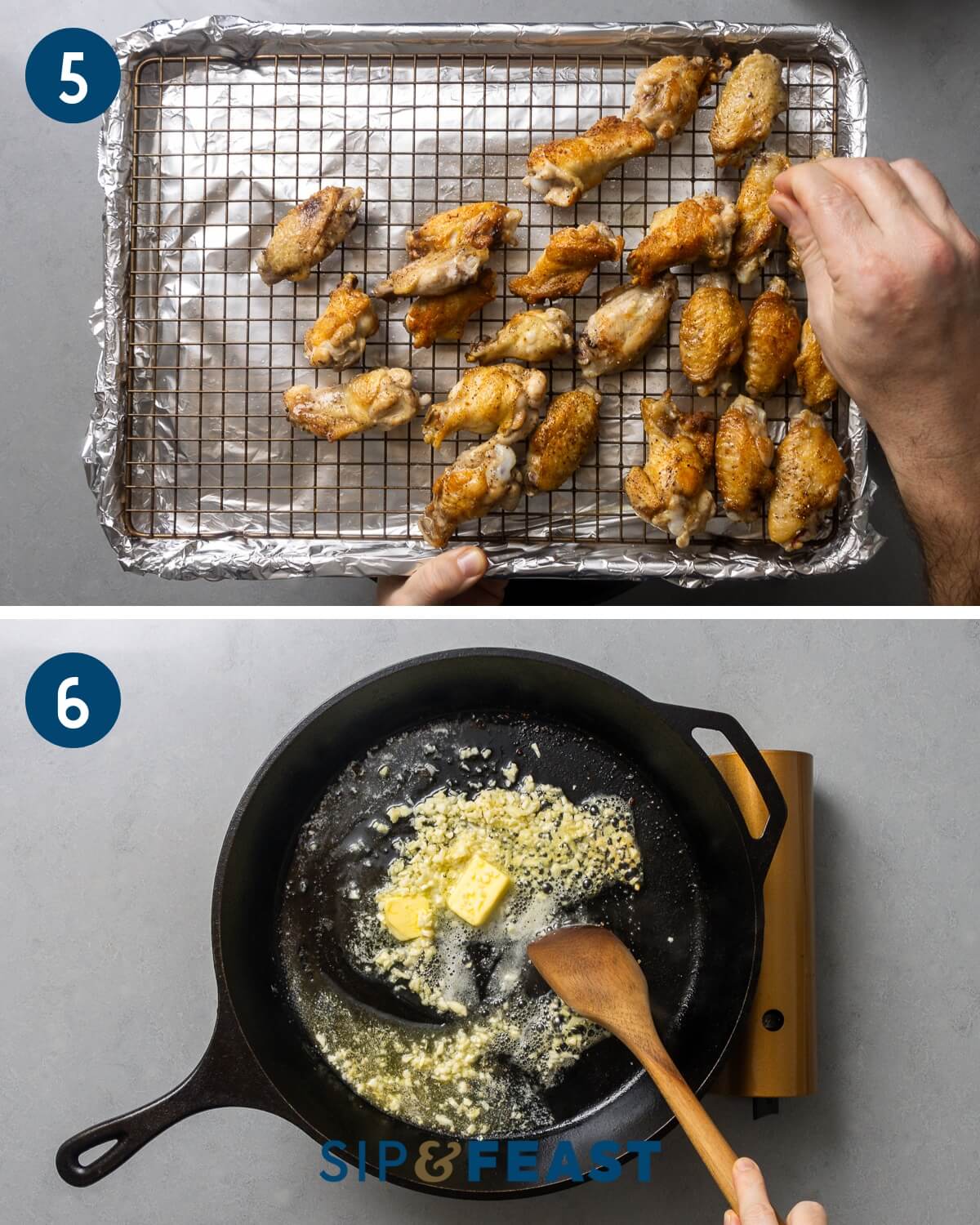 Recipe collage three showing salting wings and placing on wire rack and sauteing garlic butter in large pan.