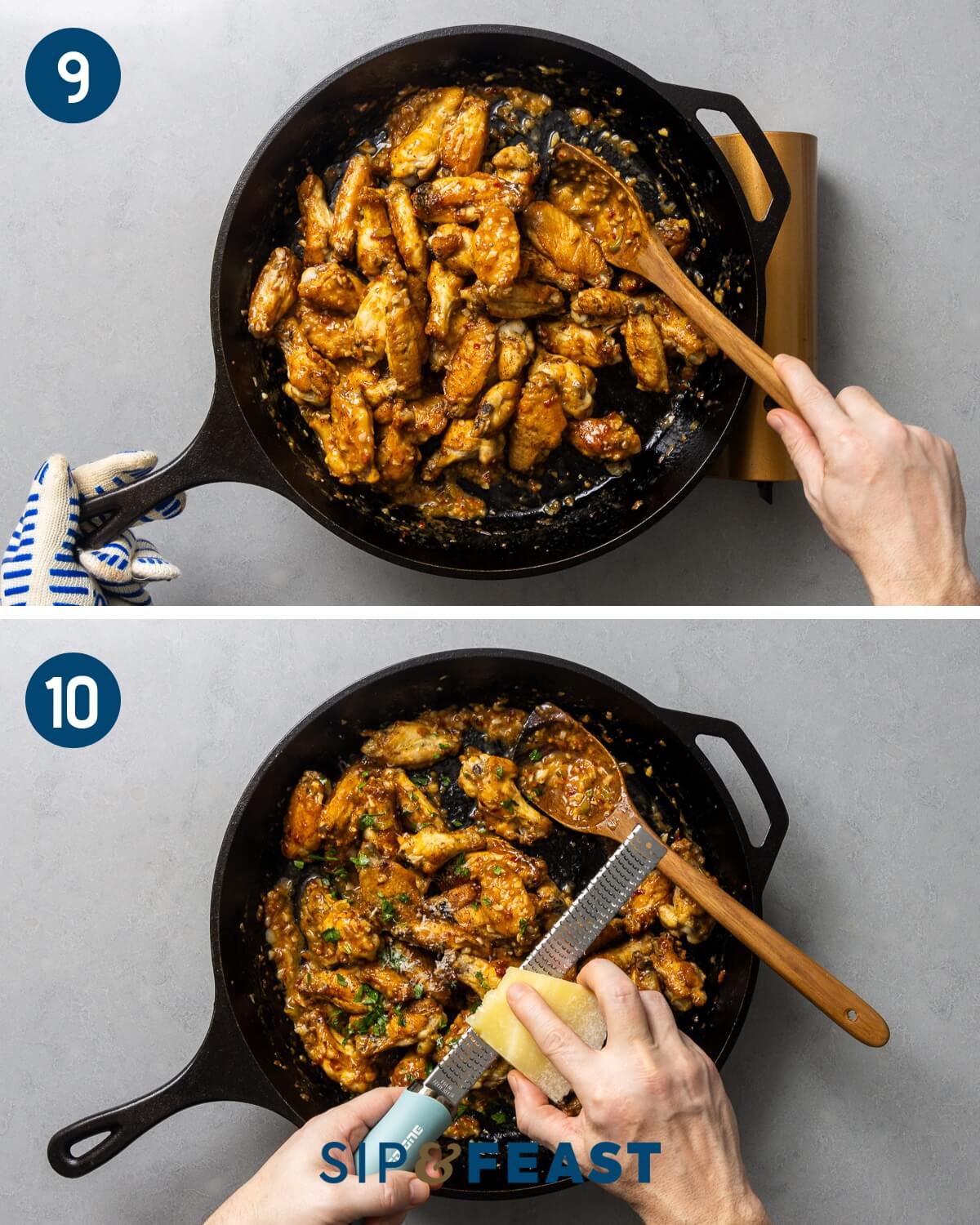 Recipe collage five showing mixing of wings in sauce and finishing wings with parsley and grated cheese.