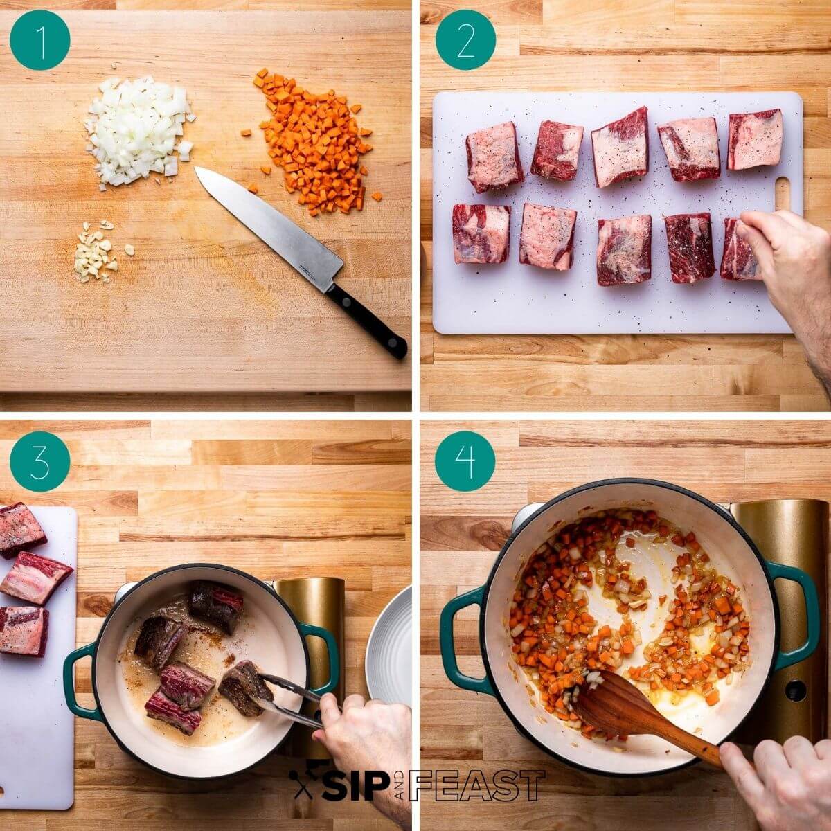 Short rib pappardelle ragu recipe process shot collage group number one.