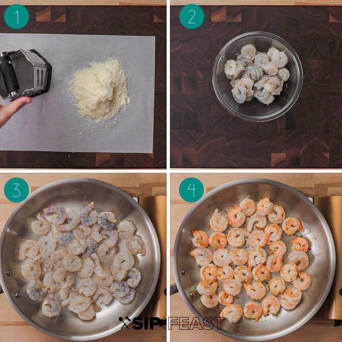 Shrimp Alfredo recipe process shot collage group number one.