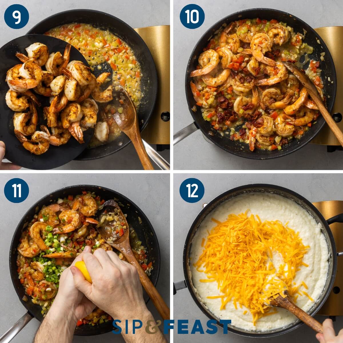 Recipe collage three showing adding the shrimp to the pan, squeezing lemon juice into pan, and adding cheddar cheese to the grits.